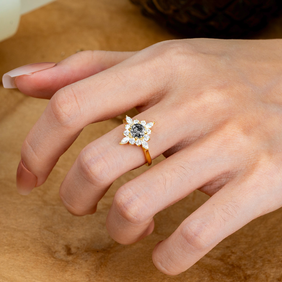 Round Cut 0.6 Carat Black Rutilated Quartz Cluster Anniversary Engagement Ring