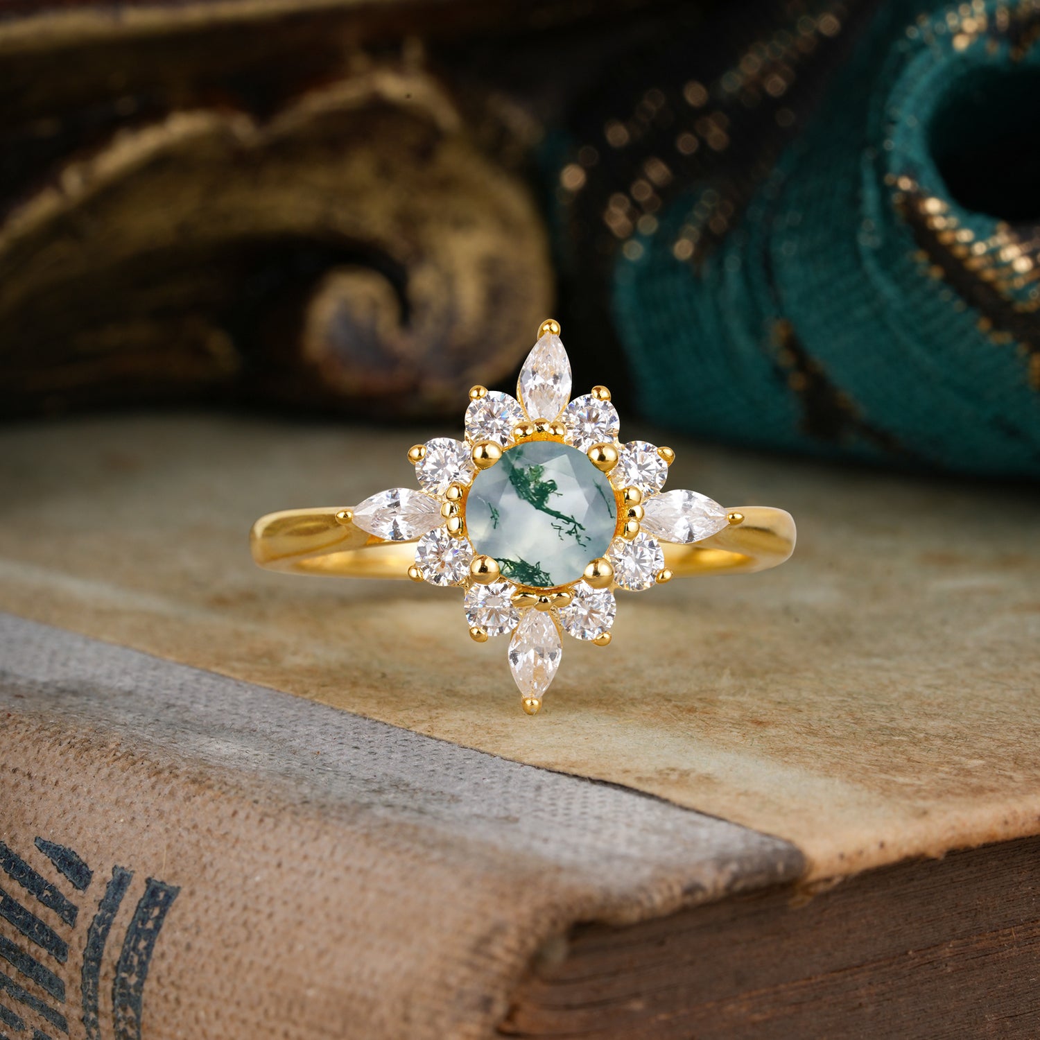 Round Cut 0.6 Carat Moss Agate Cluster Anniversary Engagement Ring