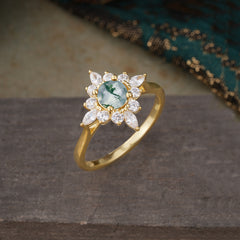 Round Cut 0.6 Carat Moss Agate Promise Ring Cluster Anniversary Ring