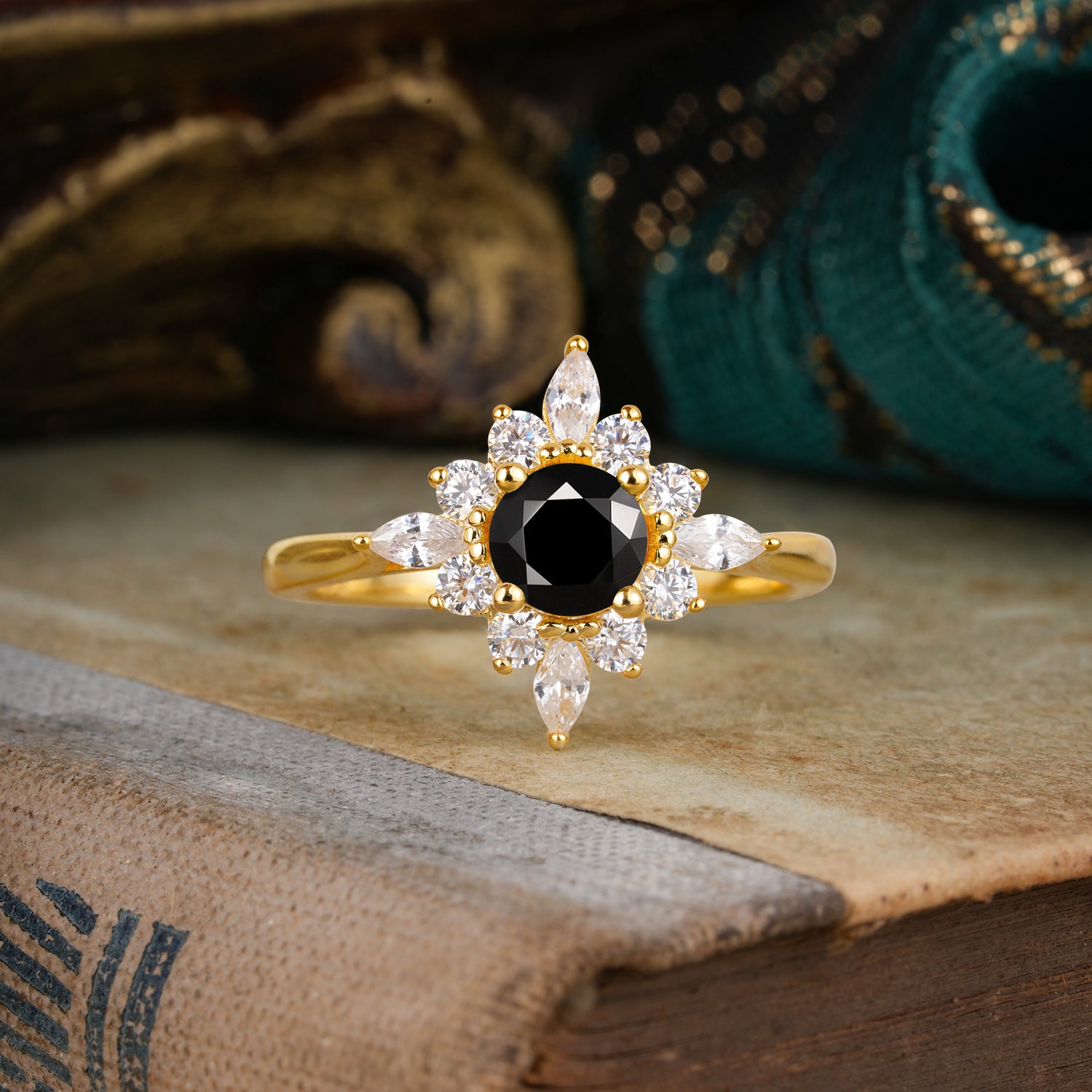 Round Cut 0.6 Carat Black Onyx Cluster Anniversary Engagement Ring