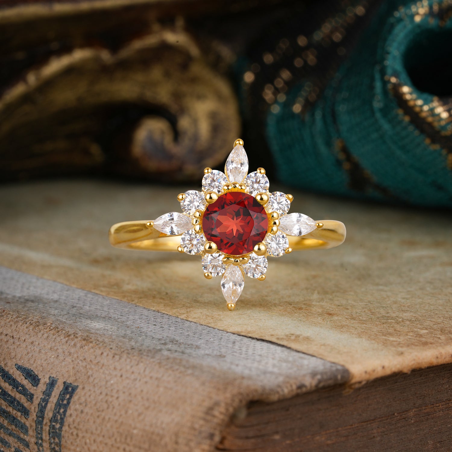Round Cut 0.6 Carat Garnet Cluster Anniversary Engagement Ring