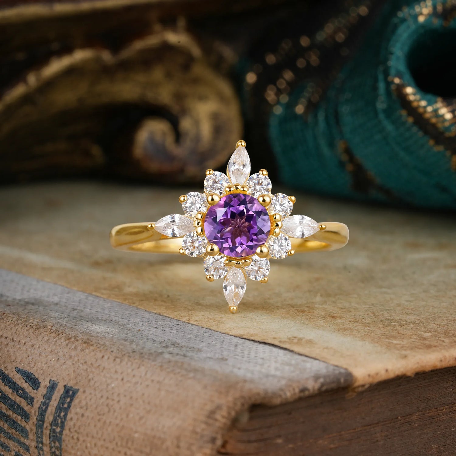Round Cut 0.6 Carat Amethyst Cluster Anniversary Engagement Ring