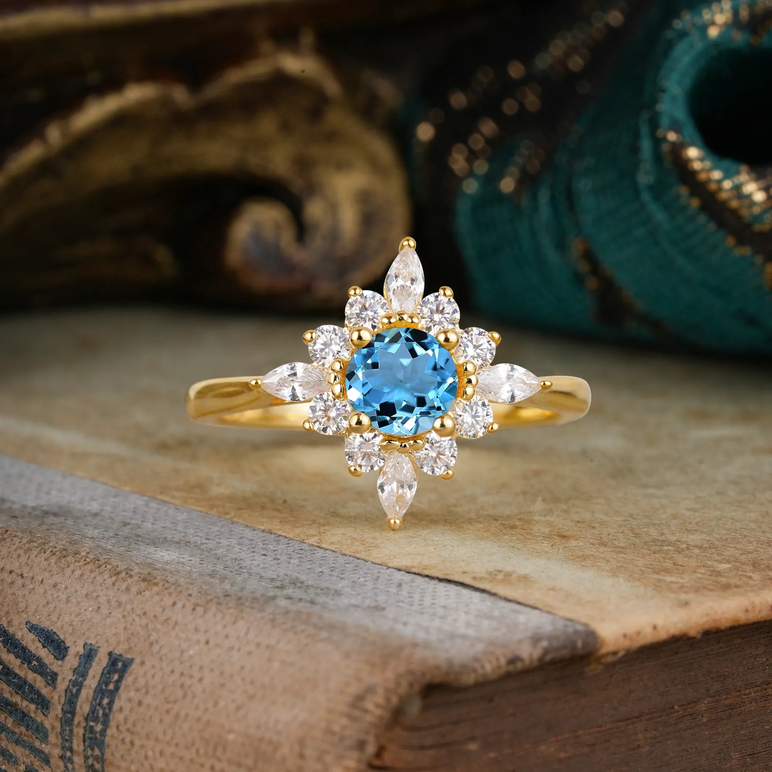 Round Cut 0.6 Carat Aquamarine Cluster Anniversary Engagement Ring