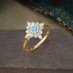 Round Cut 0.6 Carat Aquamarine Promise Ring Cluster Anniversary Ring
