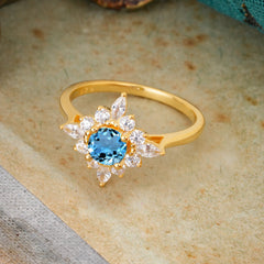 Round Cut 0.6 Carat Aquamarine Promise Ring Cluster Anniversary Ring