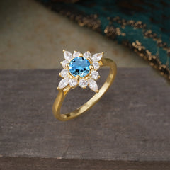 Round Cut 0.6 Carat Aquamarine Promise Ring Cluster Anniversary Ring