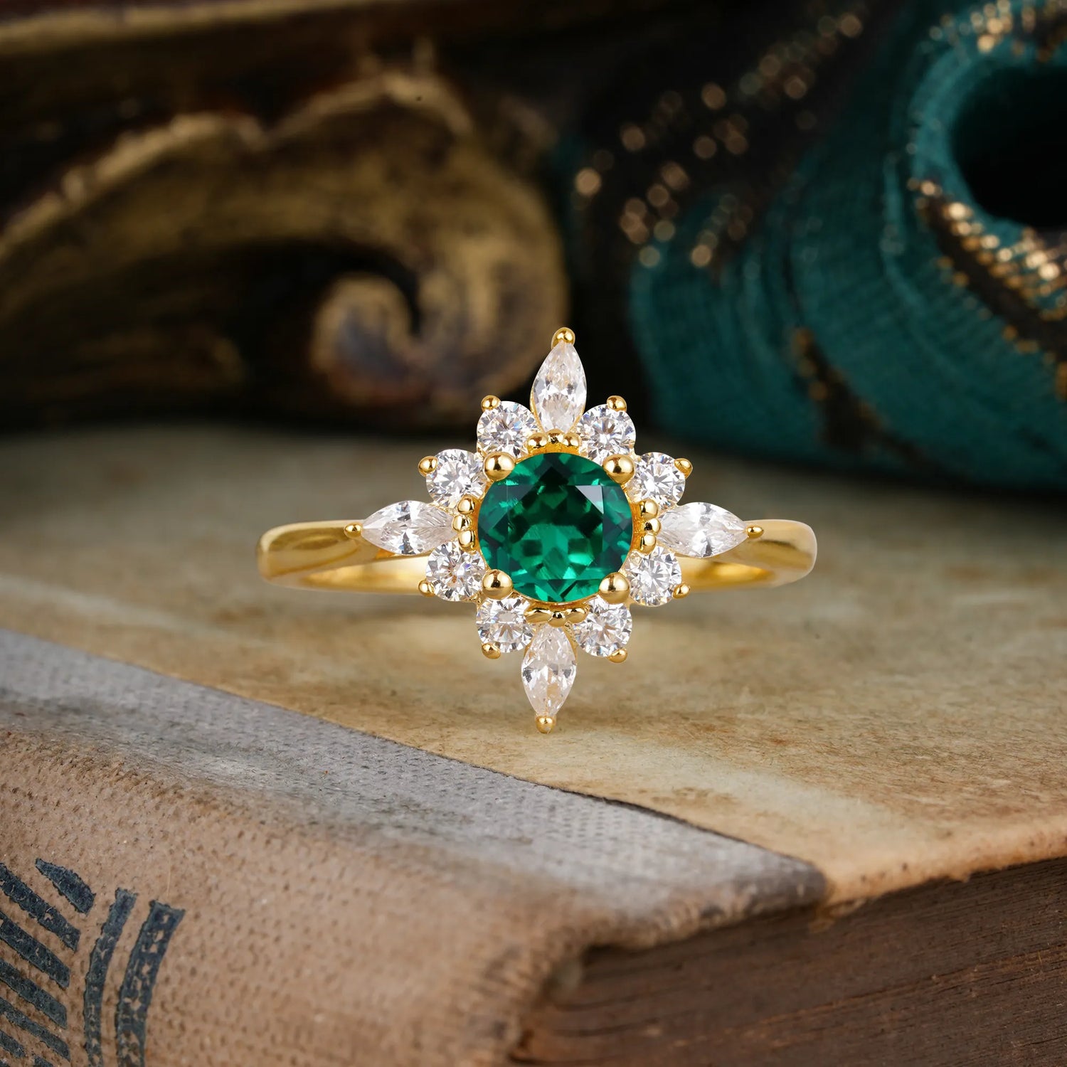 Round Cut 0.6 Carat Emerald Cluster Anniversary Engagement Ring