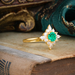 Round Cut 0.6 Carat Emerald Promise Ring Cluster Anniversary Ring