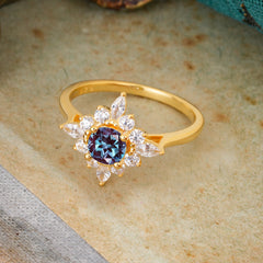Round Cut 0.6 Carat Alexandrite Promise Ring Cluster Anniversary Ring