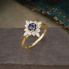 Round Cut 0.6 Carat Alexandrite Promise Ring Cluster Anniversary Ring