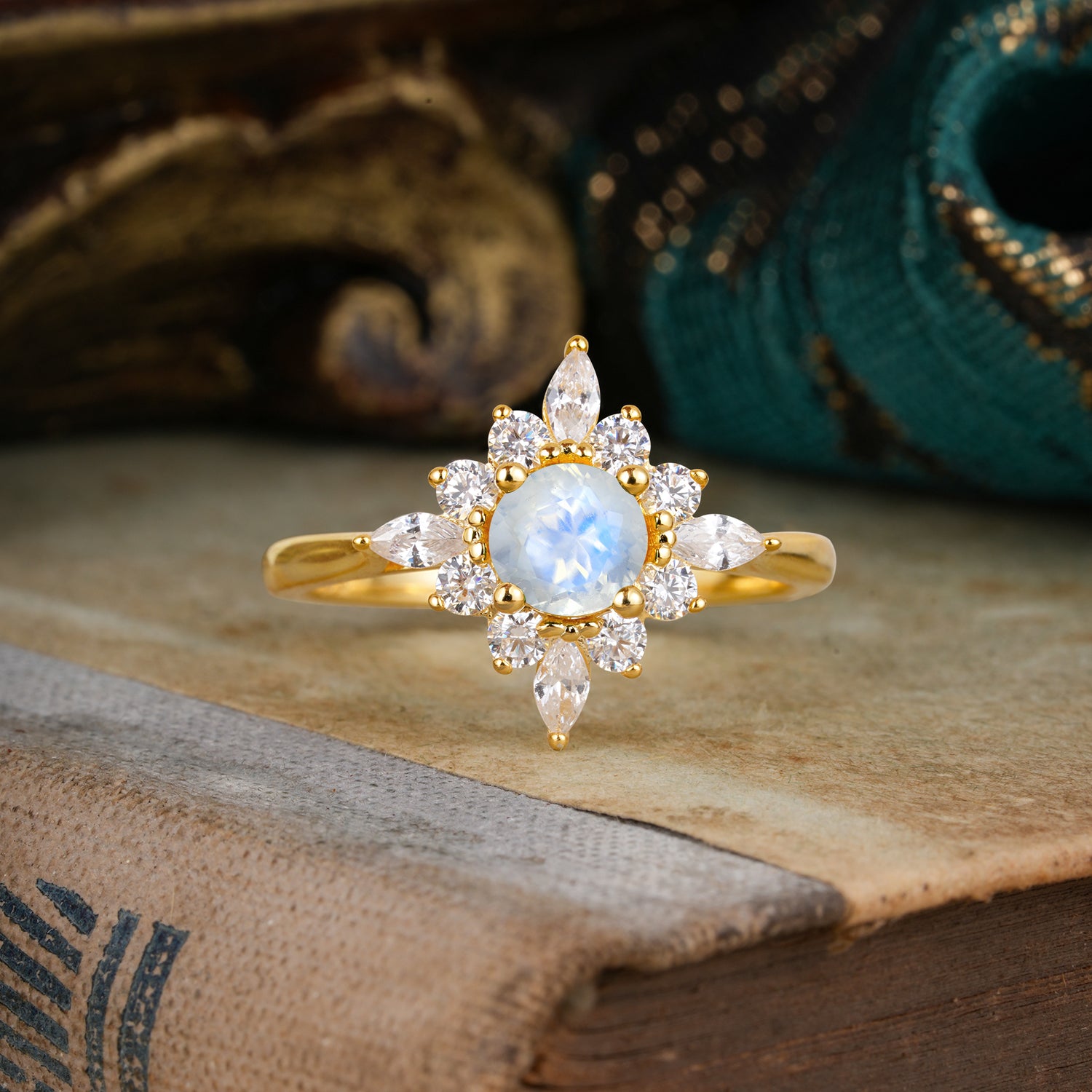 Round Cut 0.6 Carat Moonstone Cluster Anniversary Engagement Ring
