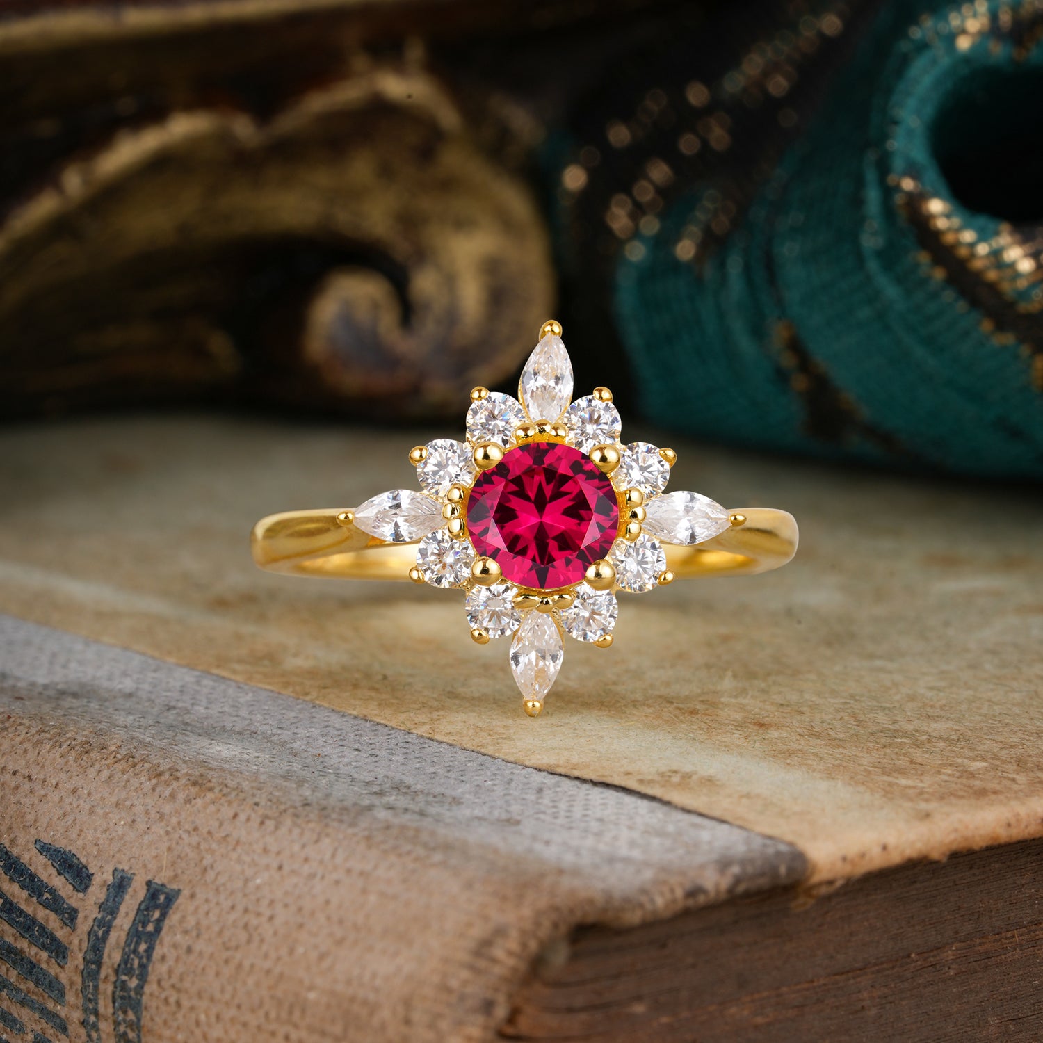 Round Cut 0.6 Carat Ruby Cluster Anniversary Engagement Ring