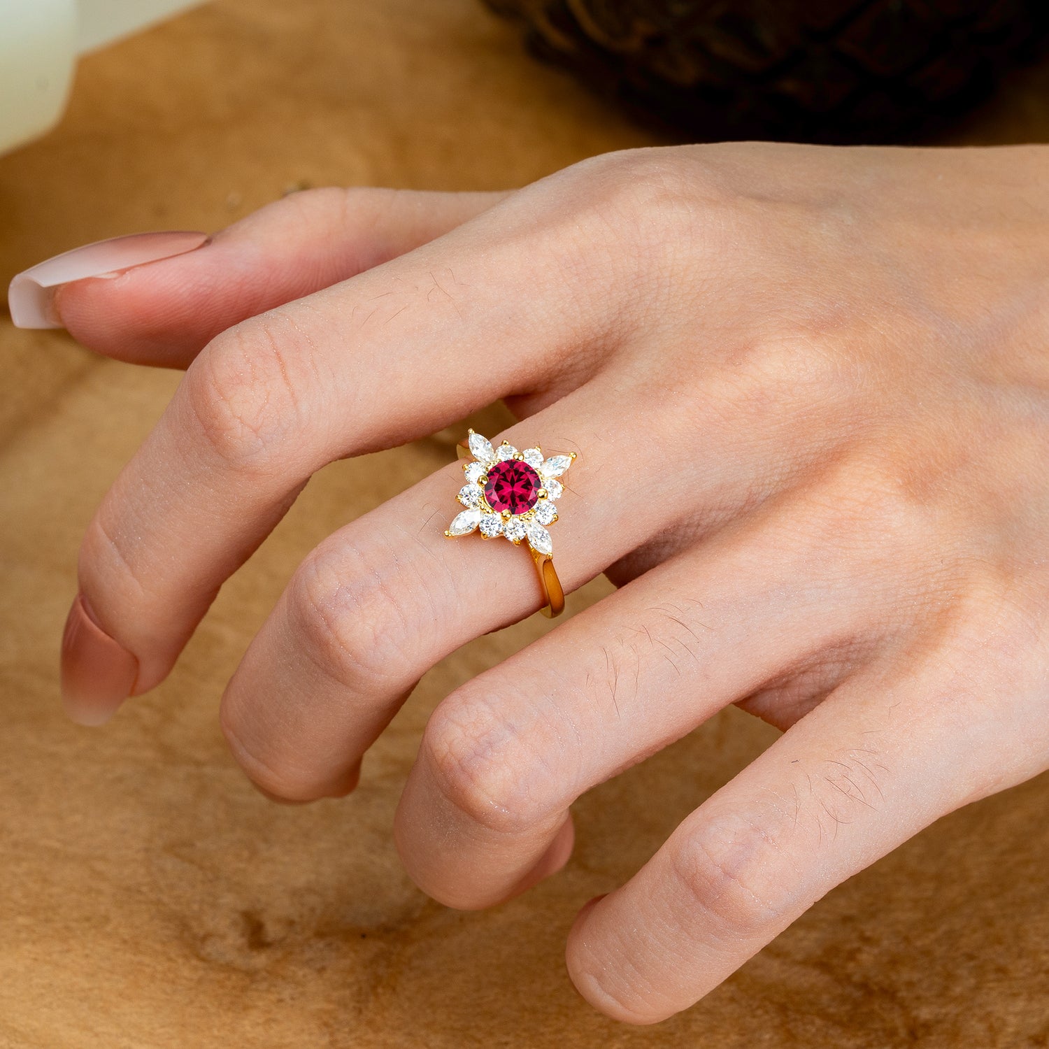 Round Cut 0.6 Carat Ruby Cluster Anniversary Engagement Ring