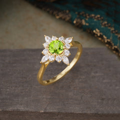 Round Cut 0.6 Carat Peridot Promise Ring Cluster Anniversary Ring
