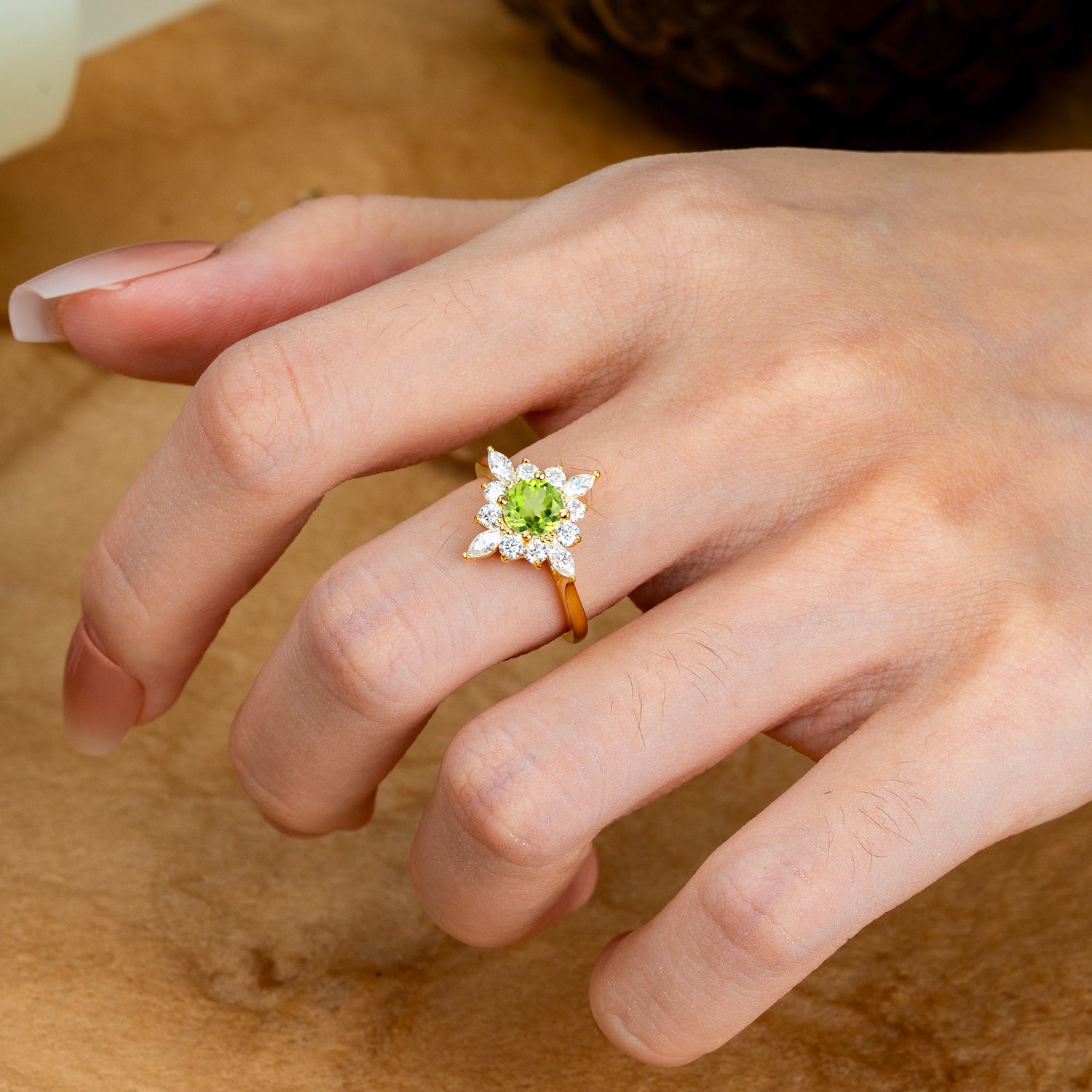 Round Cut 0.6 Carat Peridot Cluster Anniversary Engagement Ring