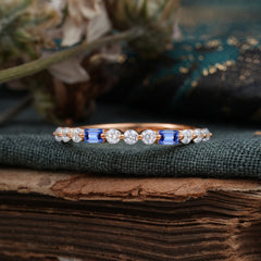2 Prong Unique Sapphire Wedding Band Half Eternity Stacking Ring