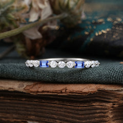 2 Prong Unique Sapphire Wedding Band Half Eternity Stacking Ring