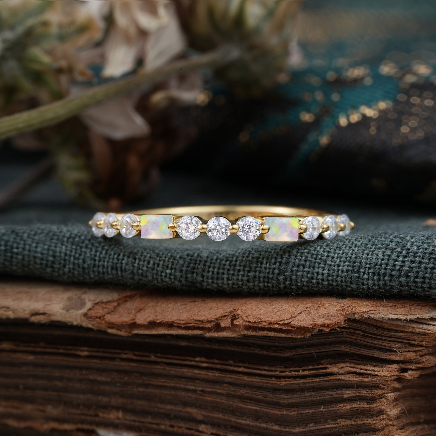 Unique Opal Half Eternity Wedding Ring