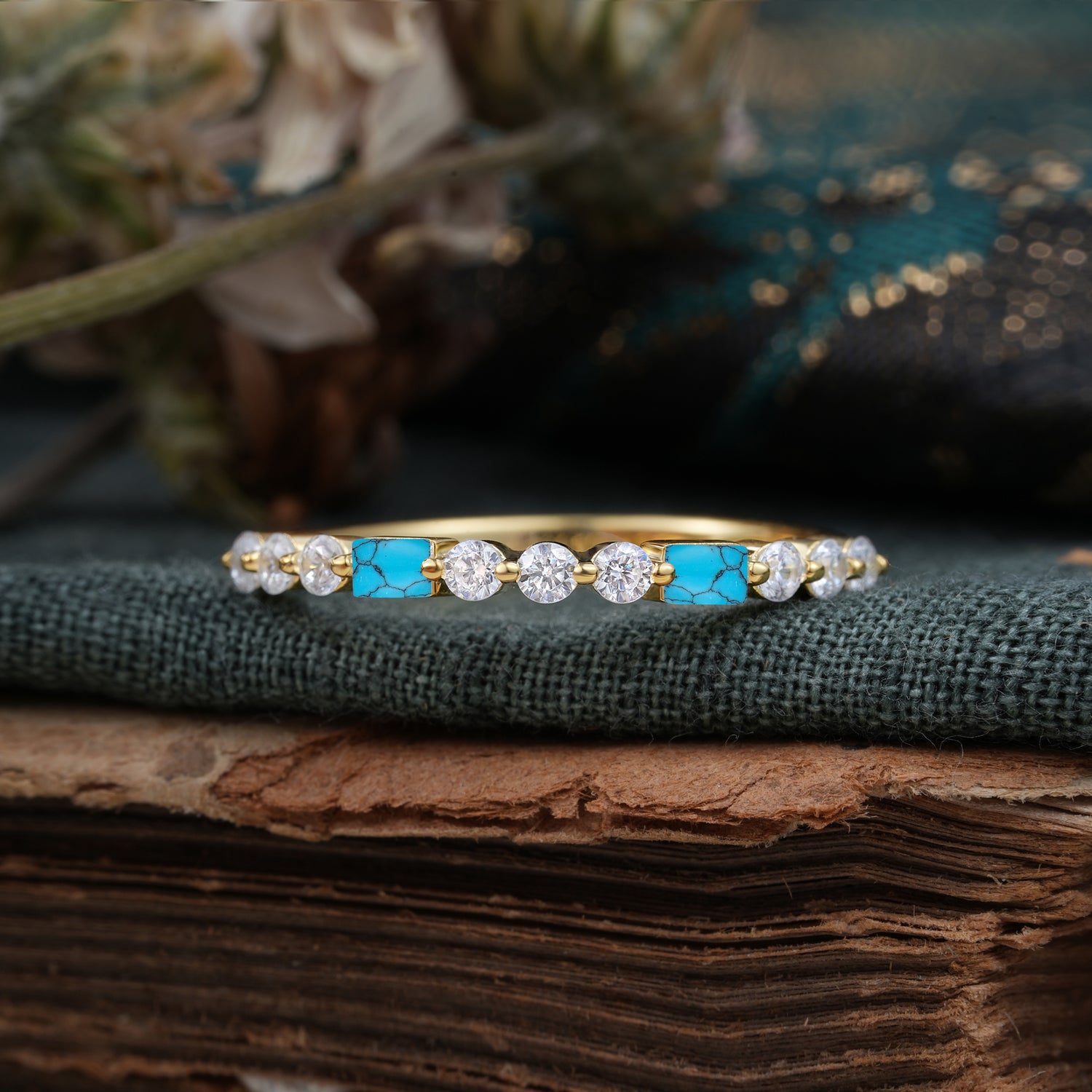 Unique Turquoise Half Eternity Wedding Ring
