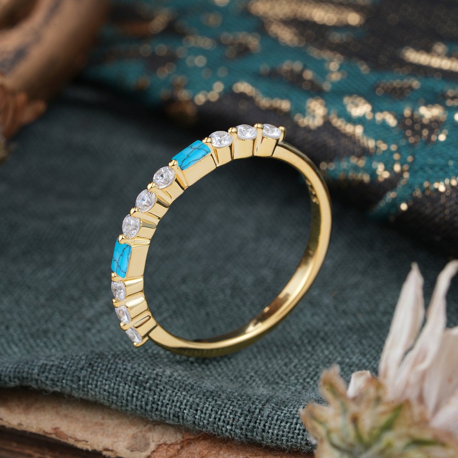 Unique Turquoise Half Eternity Wedding Ring
