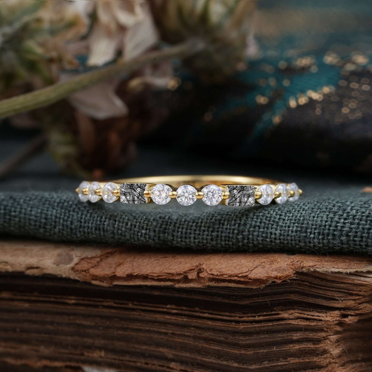 Unique Black Rutilated Quartz Half Eternity Wedding Ring