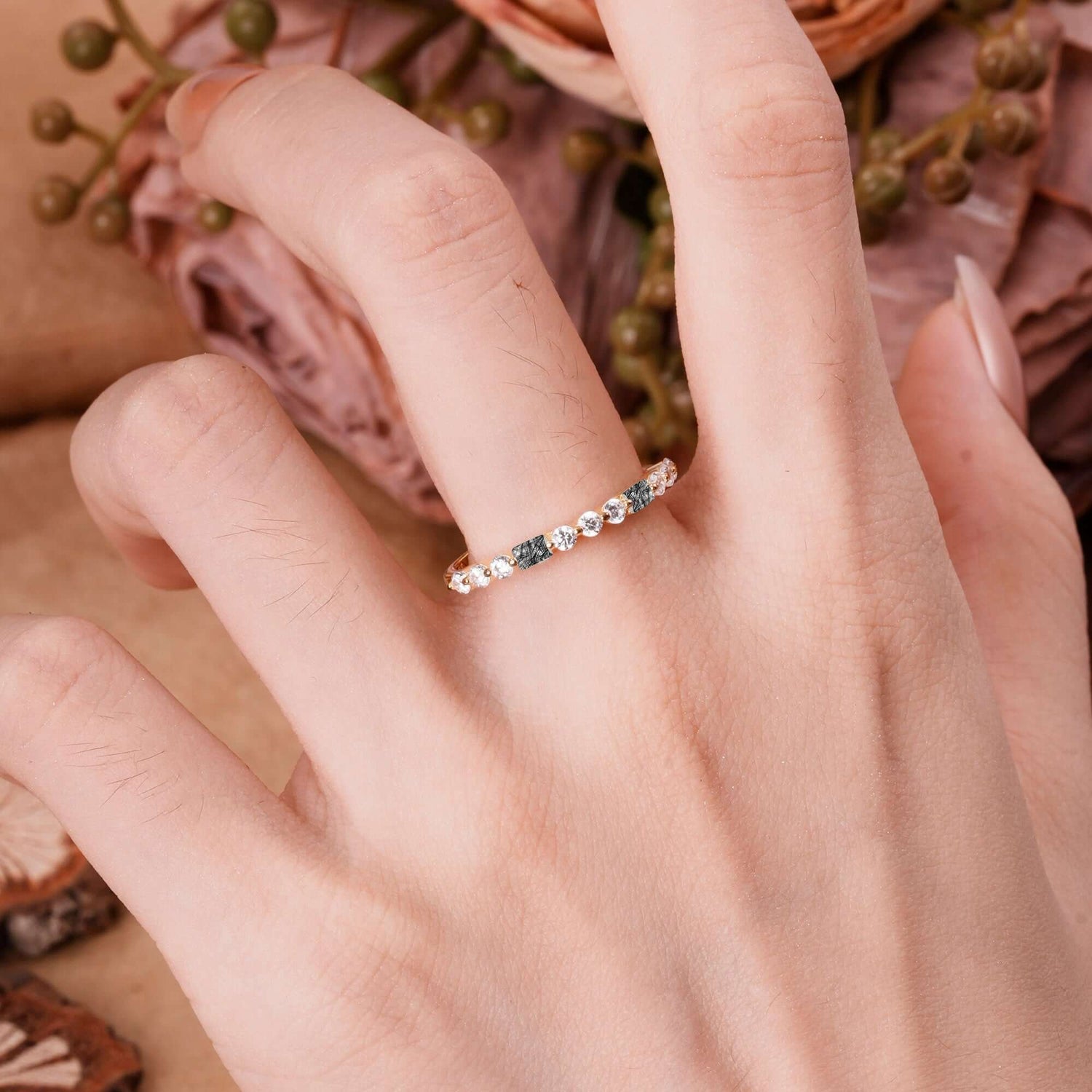 Unique Black Rutilated Quartz Half Eternity Wedding Ring