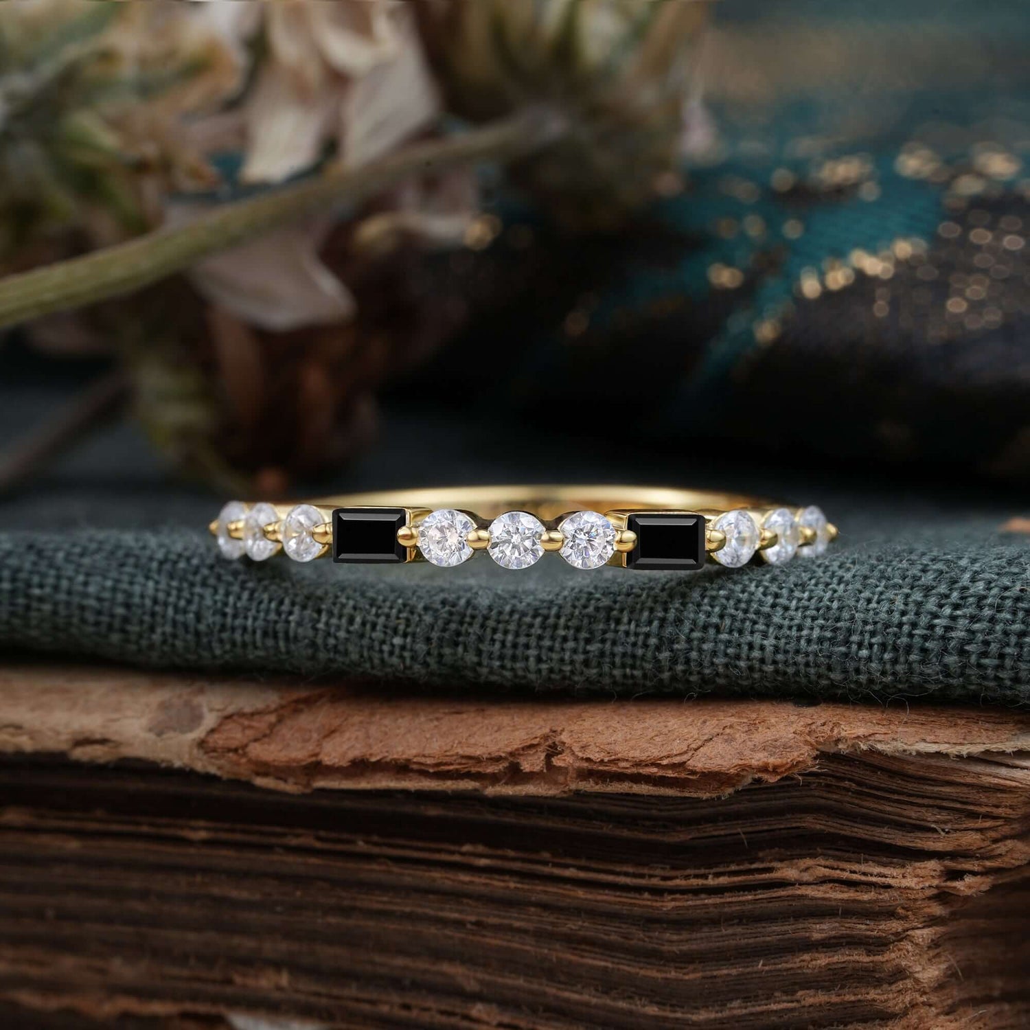 Unique Black Onyx Half Eternity Wedding Ring - Romalar Jewelry
