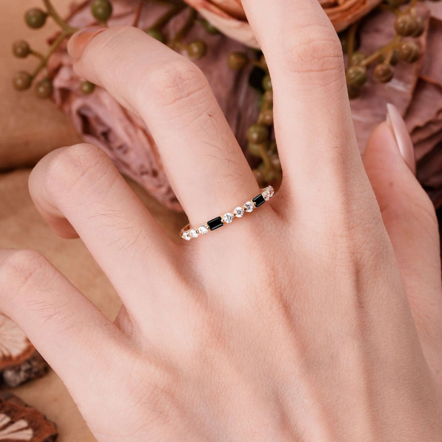 Unique Black Onyx Half Eternity Wedding Ring - Romalar Jewelry