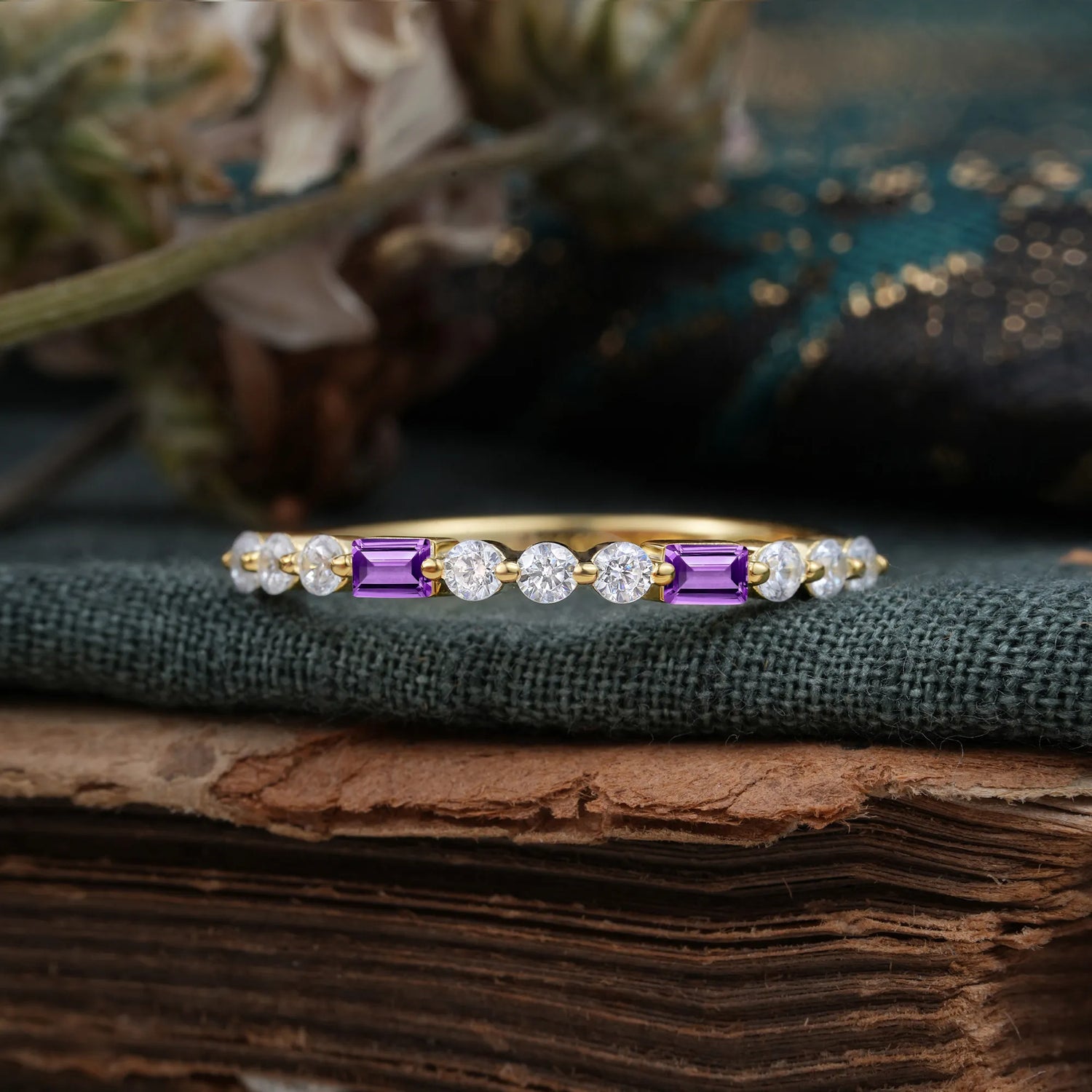 Unique Natural Amethyst Half Eternity Wedding Ring