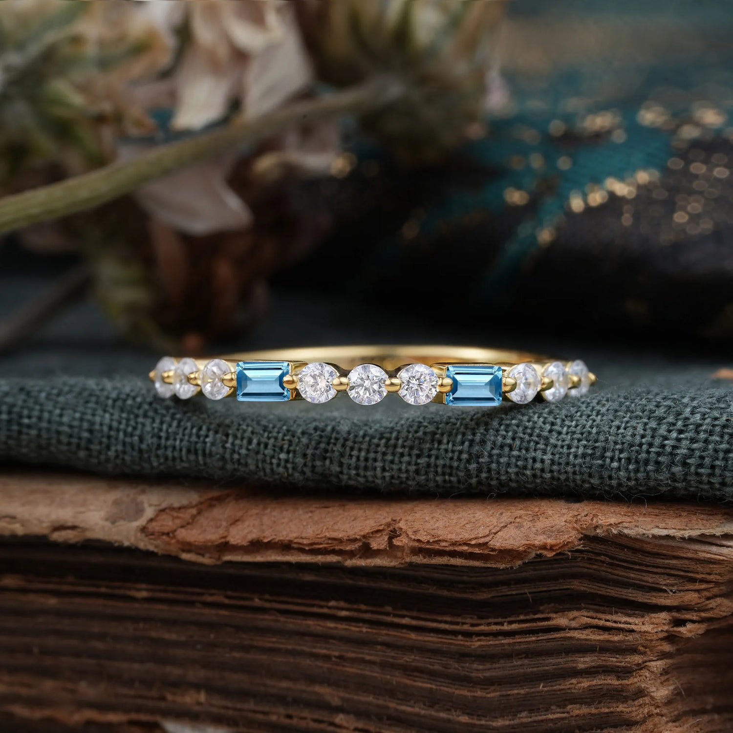 2 Prong Unique Aquamarine Half Eternity Wedding Ring