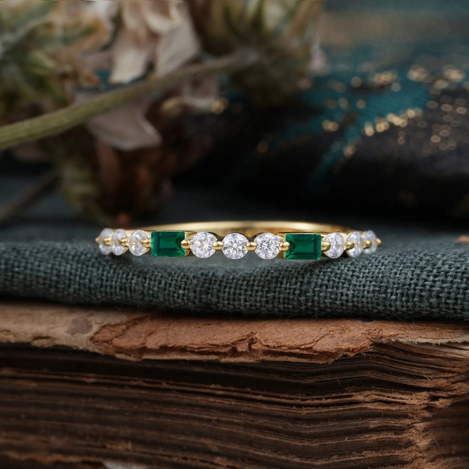 Unique Emerald Wedding Band Half Eternity Wedding Ring