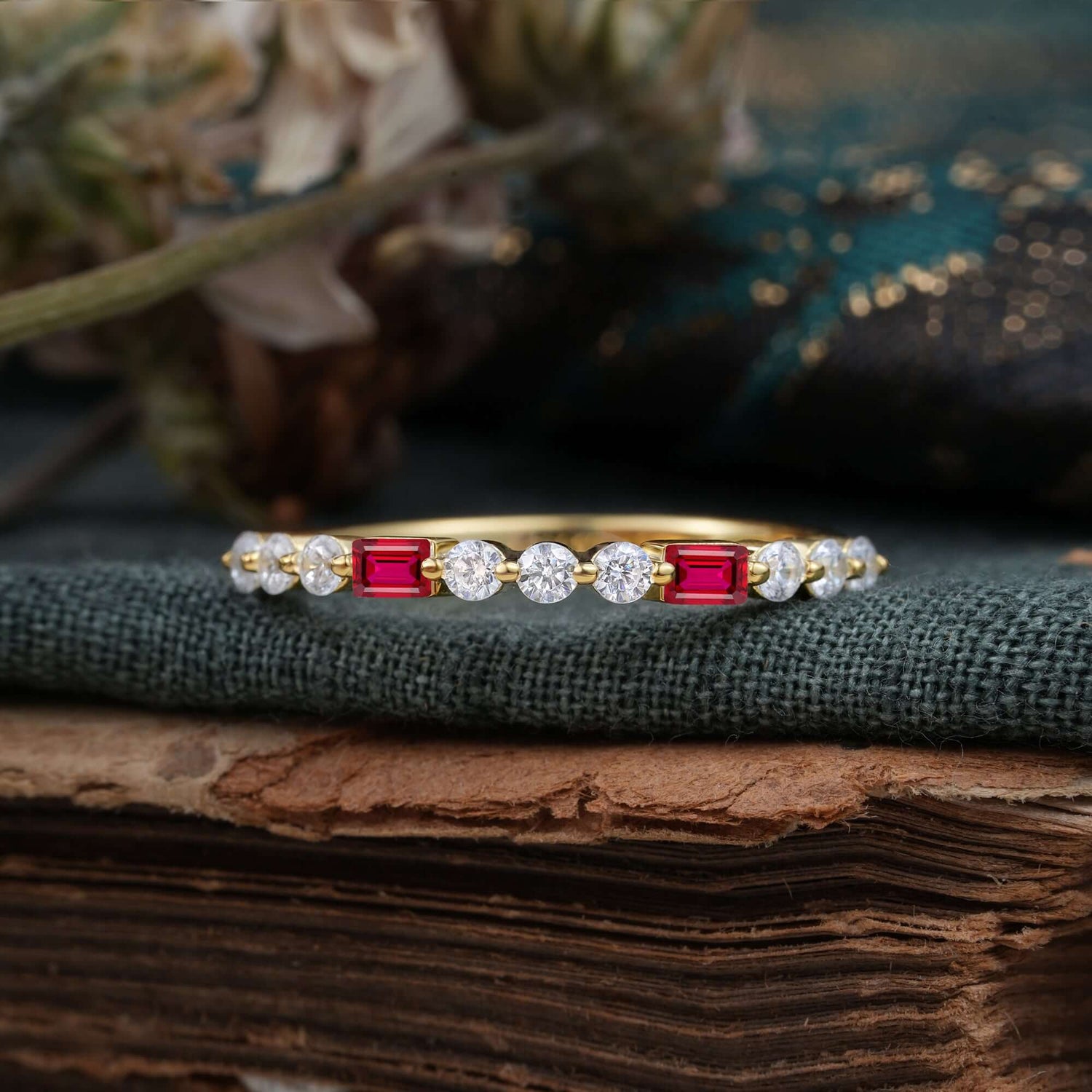 2 Prong Unique Ruby Wedding Band Half Eternity Wedding Ring