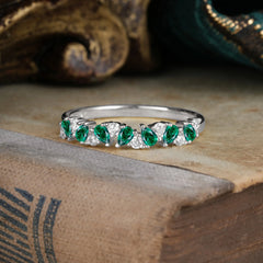 Pear Cut Classic Emerald Half Eternity Wedding Band Anniversary Ring