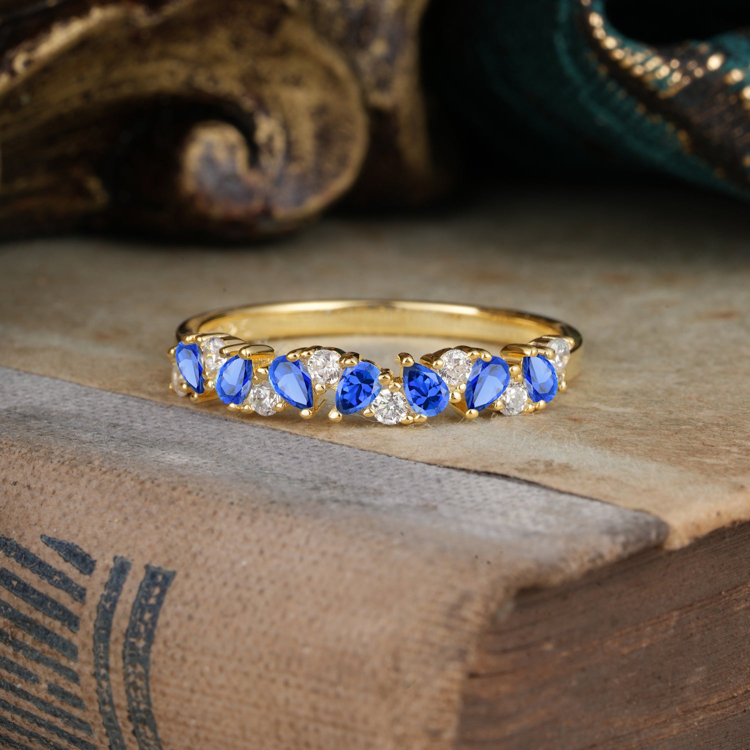 Pear Cut Classic Sapphire Half Eternity Wedding Ring Anniversary Ring - Romalar Jewelry