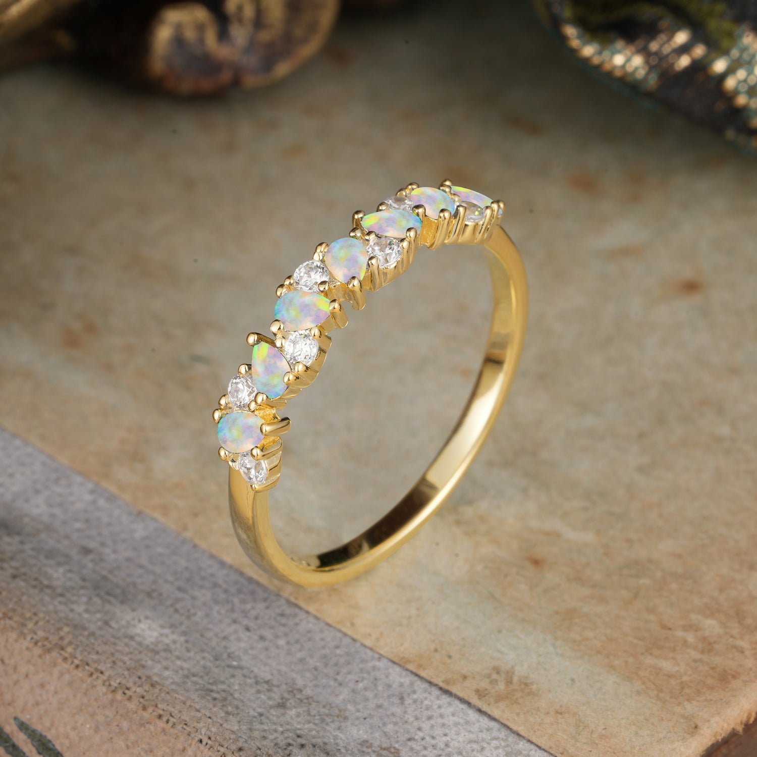 Pear Cut Classic Opal Half Eternity Wedding Ring Anniversary Ring