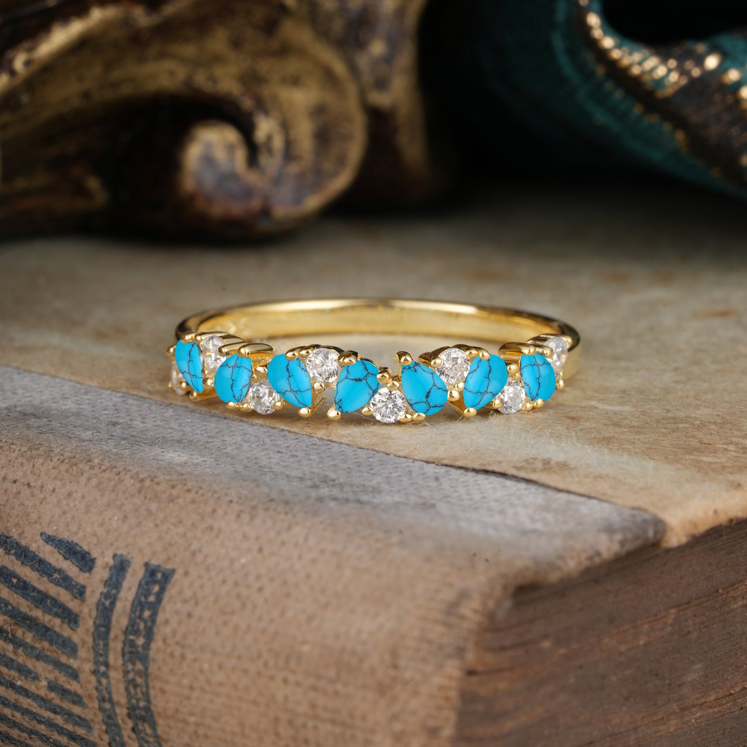 Pear Cut Classic Turquoise Half Eternity Wedding Ring Anniversary Ring