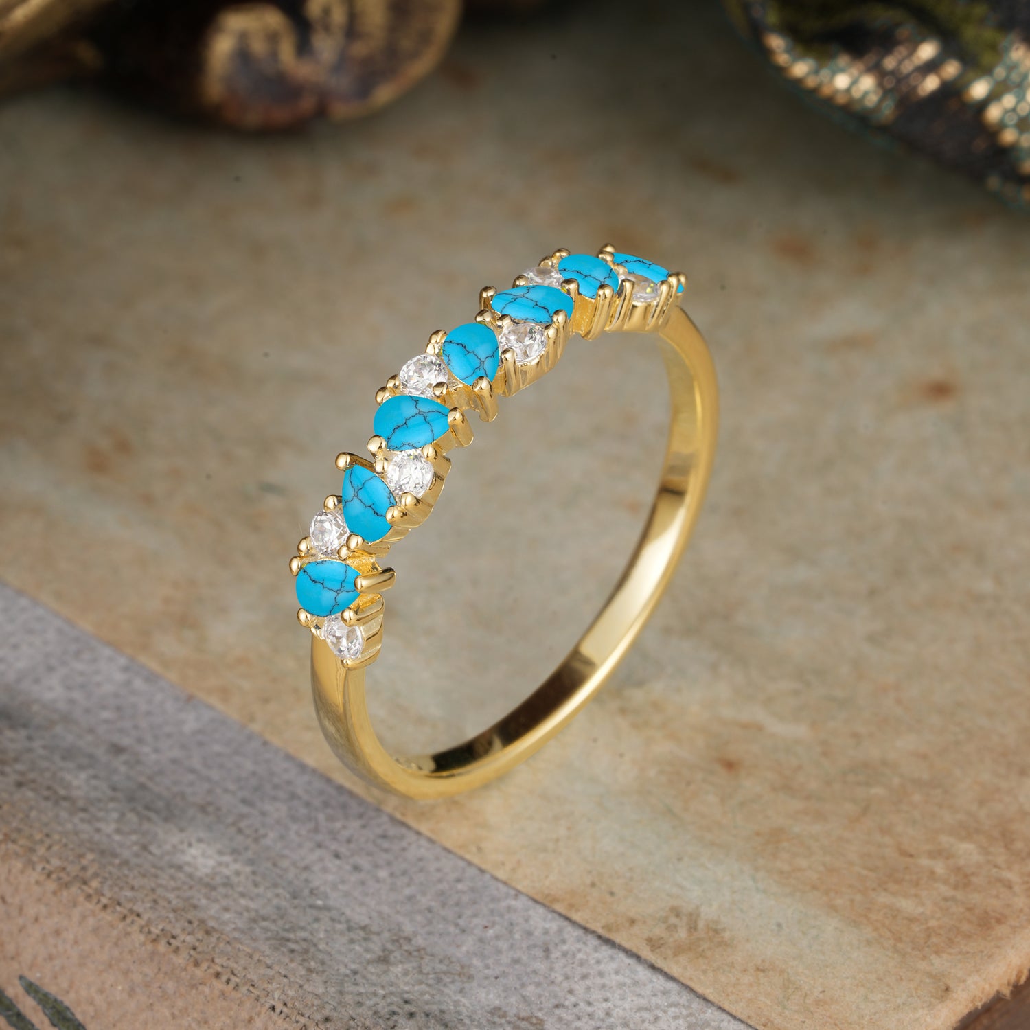 Pear Cut Classic Turquoise Half Eternity Wedding Ring Anniversary Ring