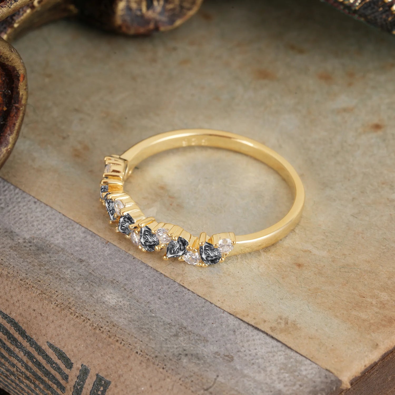 Pear Cut Classic Black Rutilated Quartz Half Eternity Wedding Ring Anniversary Ring