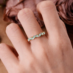 3 Prong Pear Cut Classic Natural Moss Agate Half Eternity Wedding Band Anniversary Ring