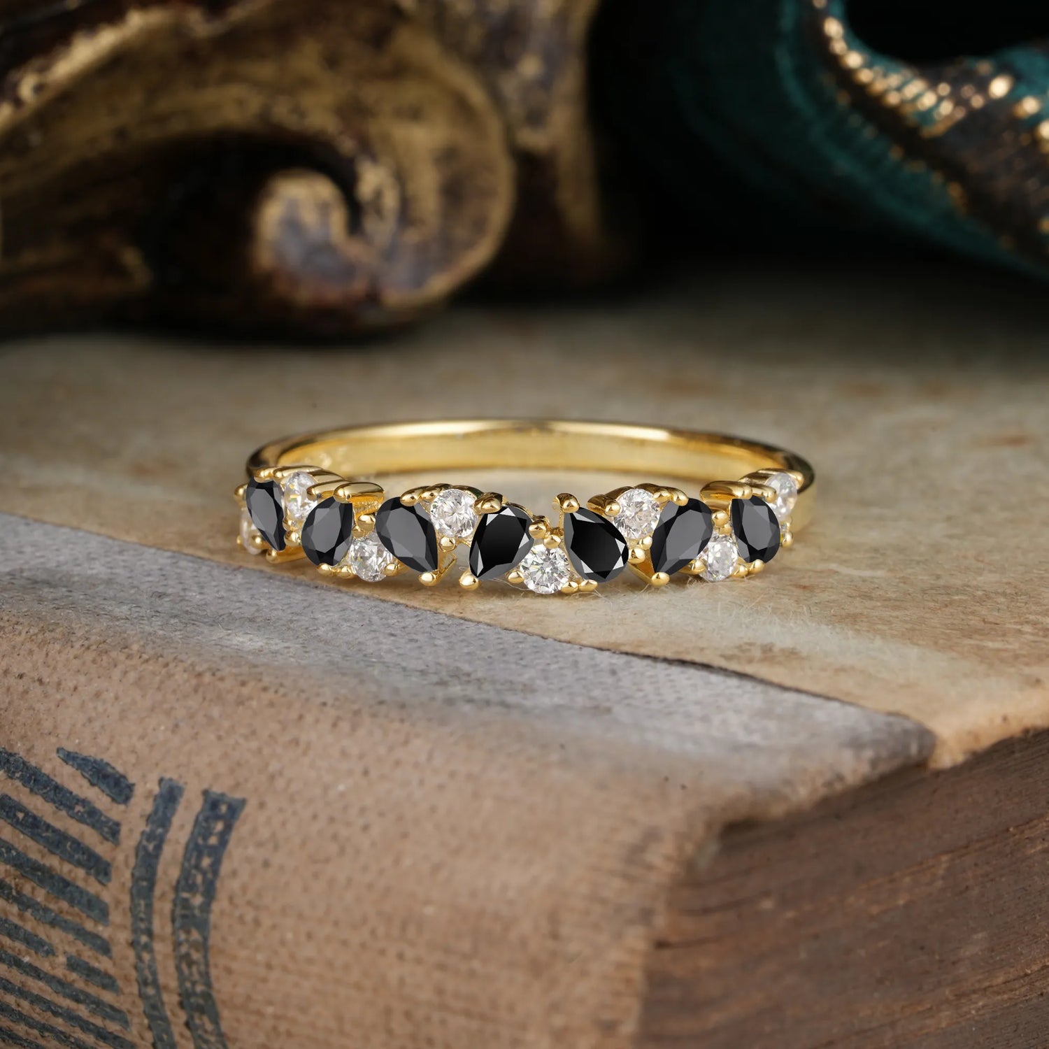 Pear Cut Classic Black Onyx Half Eternity Wedding Ring Anniversary Ring