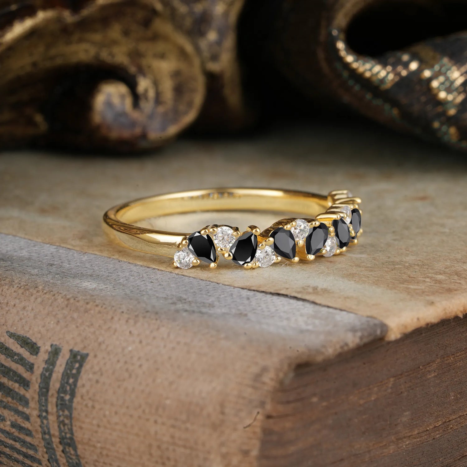 Pear Cut Classic Black Onyx Half Eternity Wedding Ring Anniversary Ring