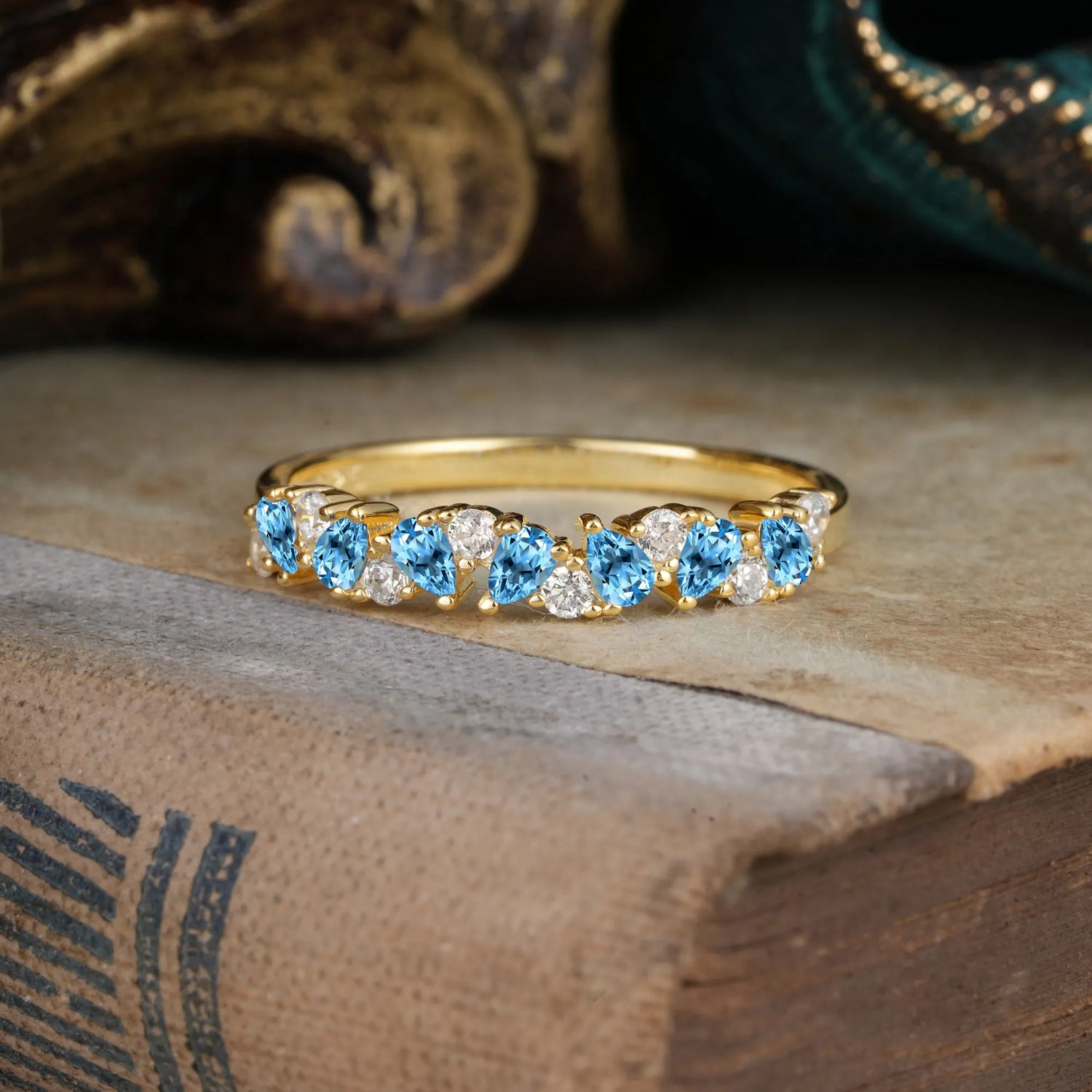 Pear Cut Classic Aquamarine Half Eternity Wedding Ring Anniversary Ring