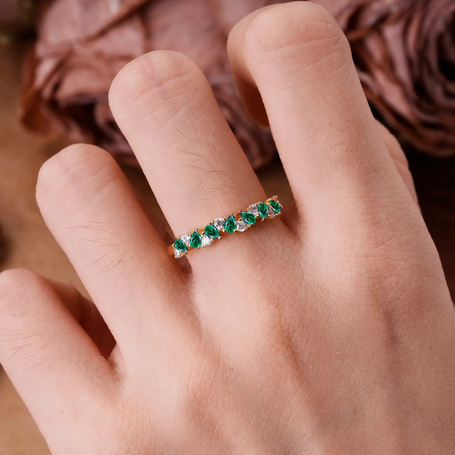 Pear Cut Classic Emerald Half Eternity Wedding Ring Anniversary Ring