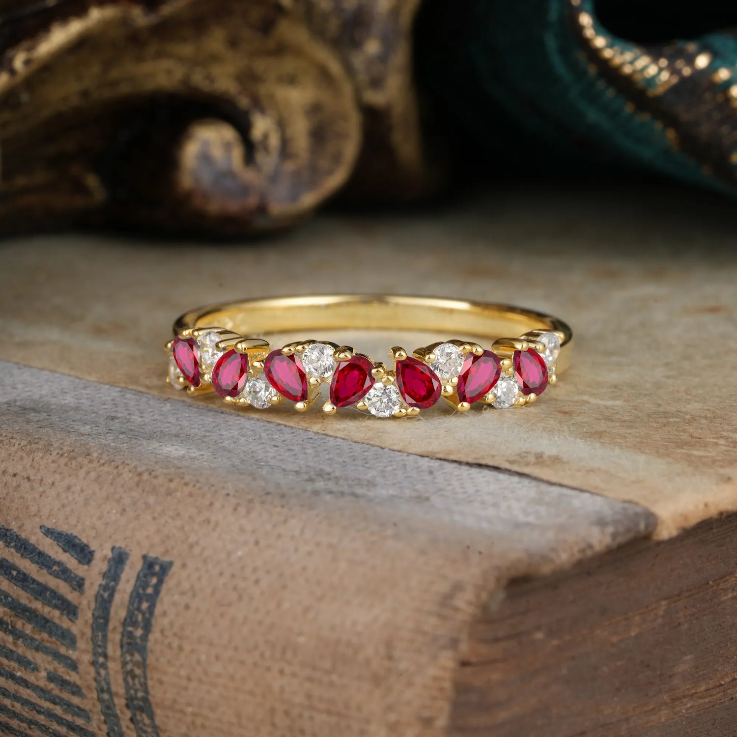 Pear Cut Classic Ruby Half Eternity Wedding Band Anniversary Ring
