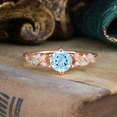 0.8 Carat 6 Prong Round Cut Aquamarine Classic Engagement Wedding Ring