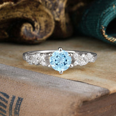0.8 Carat 6 Prong Round Cut Aquamarine Classic Engagement Wedding Ring