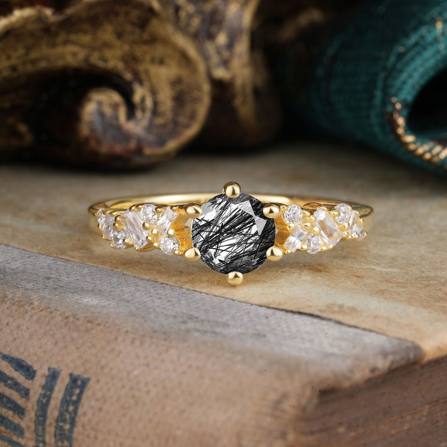 0.8 Carat 6 Prong Round Cut Black Rutilated Quartz Classic Engagement Ring