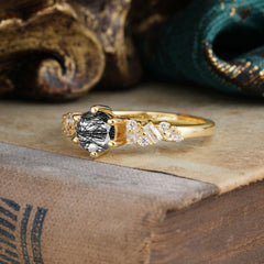 0.8 Carat 6 Prong Round Cut Black Rutilated Quartz Classic Engagement Wedding Ring
