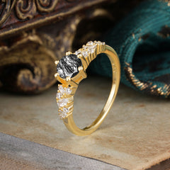 0.8 Carat 6 Prong Round Cut Black Rutilated Quartz Classic Engagement Wedding Ring
