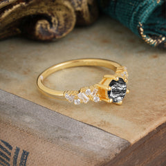 0.8 Carat 6 Prong Round Cut Black Rutilated Quartz Classic Engagement Wedding Ring